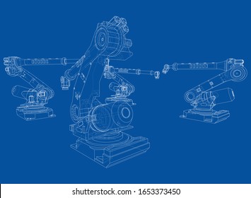 A industral robots manipulators. Blueprint style. Vector rendering from 3D model