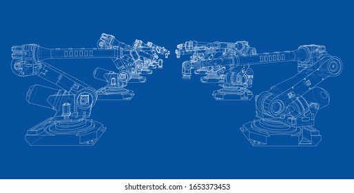 A industral robots manipulators. Blueprint style. Vector rendering from 3D model