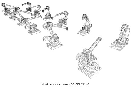 A industral robots manipulators. Blueprint style. Vector rendering from 3D model