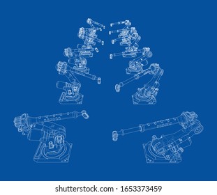 A industral robots manipulators. Blueprint style. Vector rendering from 3D model