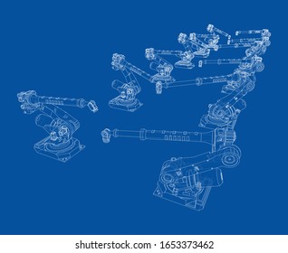 A industral robots manipulators. Blueprint style. Vector rendering from 3D model