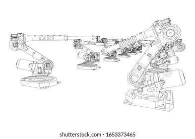 A industral robots manipulators. Blueprint style. Vector rendering from 3D model