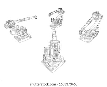 A industral robots manipulators. Blueprint style. Vector rendering from 3D model