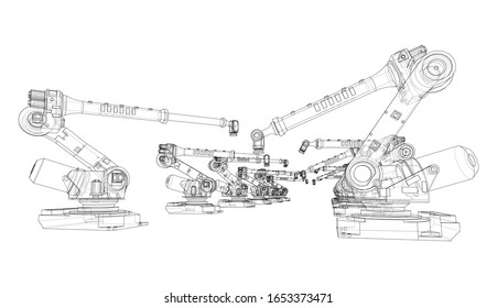 A industral robots manipulators. Blueprint style. Vector rendering from 3D model