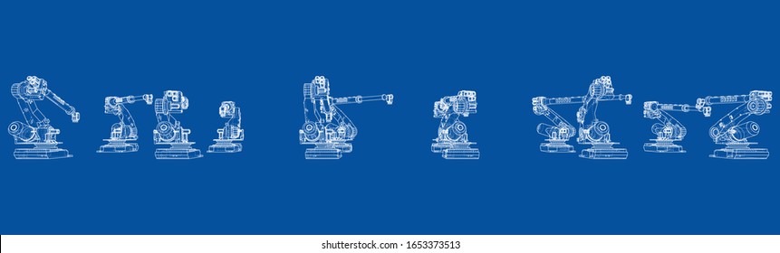 A industral robots manipulators. Blueprint style. Vector rendering from 3D model