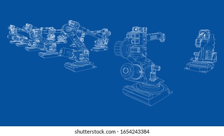 A industral robots manipulators. Blueprint style. Vector rendering from 3D model