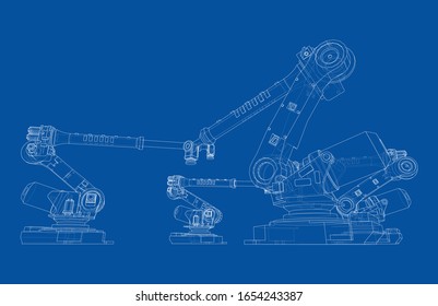 A industral robots manipulators. Blueprint style. Vector rendering from 3D model