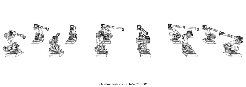 A industral robots manipulators. Blueprint style. Vector rendering from 3D model