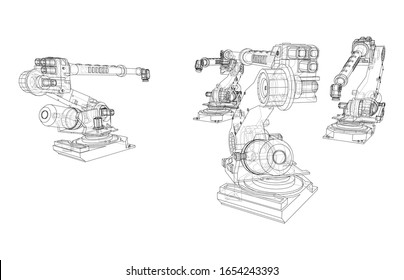 A industral robots manipulators. Blueprint style. Vector rendering from 3D model