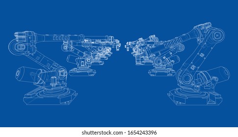 A industral robots manipulators. Blueprint style. Vector rendering from 3D model