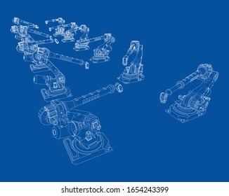 A industral robots manipulators. Blueprint style. Vector rendering from 3D model