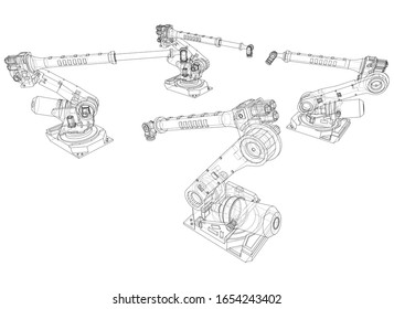 A industral robots manipulators. Blueprint style. Vector rendering from 3D model