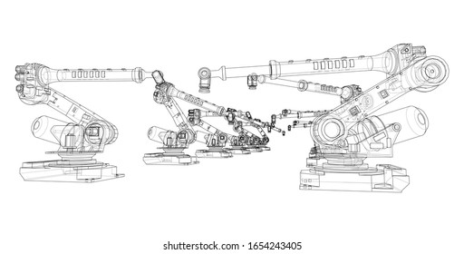 A industral robots manipulators. Blueprint style. Vector rendering from 3D model