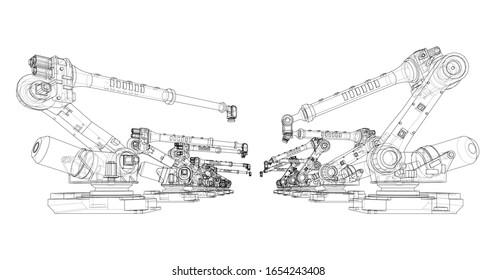 A industral robots manipulators. Blueprint style. Vector rendering from 3D model