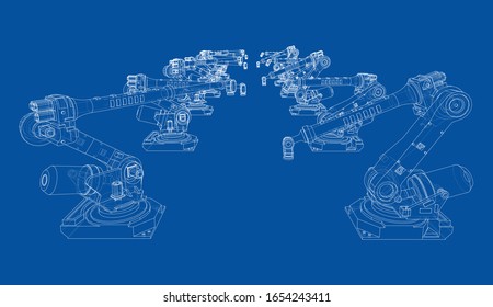 A industral robots manipulators. Blueprint style. Vector rendering from 3D model