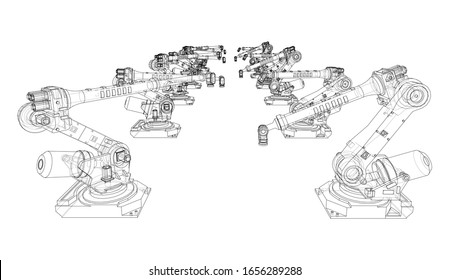 A industral robots manipulators. Blueprint style. Vector rendering from 3D model