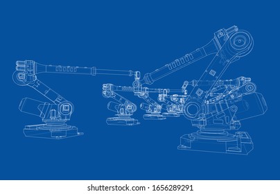 A industral robots manipulators. Blueprint style. Vector rendering from 3D model