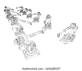 A industral robots manipulators. Blueprint style. Vector rendering from 3D model