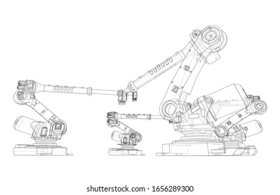 A industral robots manipulators. Blueprint style. Vector rendering from 3D model