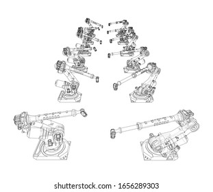 A industral robots manipulators. Blueprint style. Vector rendering from 3D model