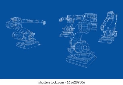 A industral robots manipulators. Blueprint style. Vector rendering from 3D model