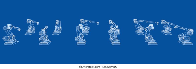 A industral robots manipulators. Blueprint style. Vector rendering from 3D model