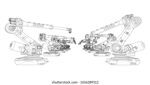 A industral robots manipulators. Blueprint style. Vector rendering from 3D model