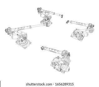 A industral robots manipulators. Blueprint style. Vector rendering from 3D model