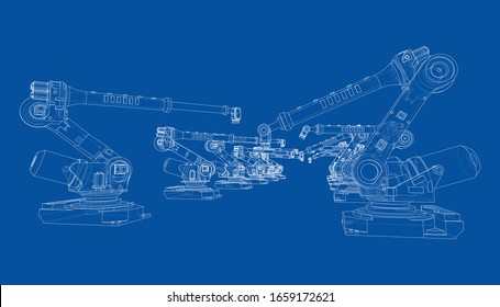 A industral robots manipulators. Blueprint style. Vector rendering from 3D model