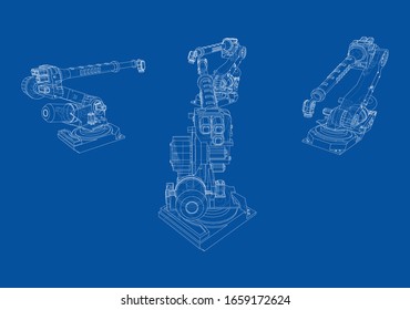 A industral robots manipulators. Blueprint style. Vector rendering from 3D model