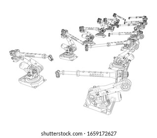 A industral robots manipulators. Blueprint style. Vector rendering from 3D model