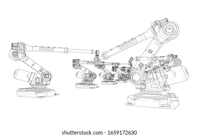 A industral robots manipulators. Blueprint style. Vector rendering from 3D model