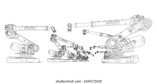 A industral robots manipulators. Blueprint style. Vector rendering from 3D model