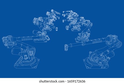 A industral robots manipulators. Blueprint style. Vector rendering from 3D model