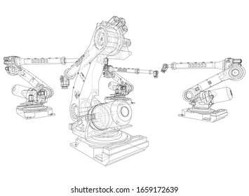 A industral robots manipulators. Blueprint style. Vector rendering from 3D model