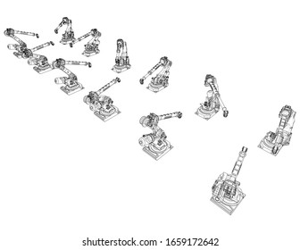 A industral robots manipulators. Blueprint style. Vector rendering from 3D model