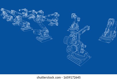 A industral robots manipulators. Blueprint style. Vector rendering from 3D model