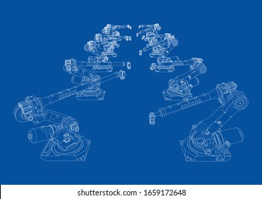 A industral robots manipulators. Blueprint style. Vector rendering from 3D model