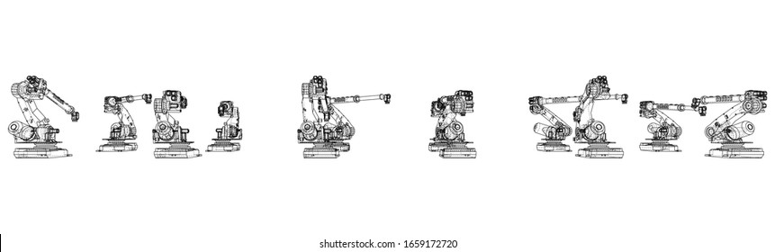 A industral robots manipulators. Blueprint style. Vector rendering from 3D model