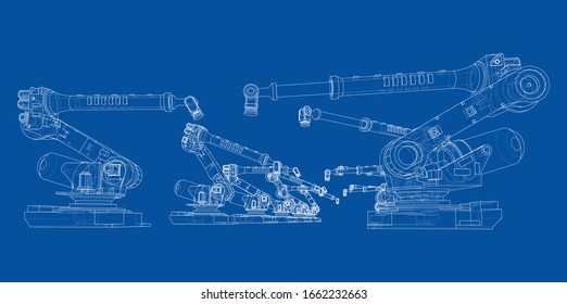 A industral robots manipulators. Blueprint style. Vector rendering from 3D model