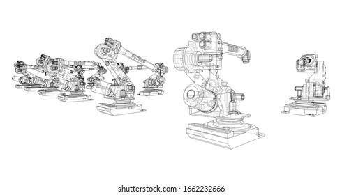 A industral robots manipulators. Blueprint style. Vector rendering from 3D model