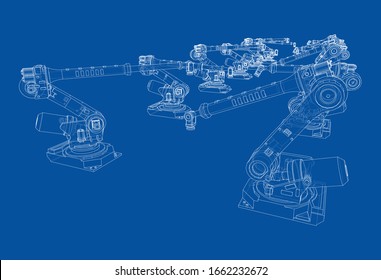 A industral robots manipulators. Blueprint style. Vector rendering from 3D model