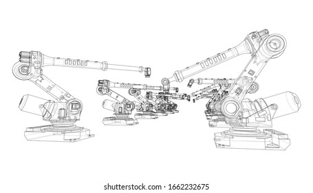 A industral robots manipulators. Blueprint style. Vector rendering from 3D model