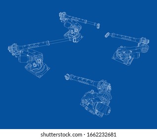 A industral robots manipulators. Blueprint style. Vector rendering from 3D model