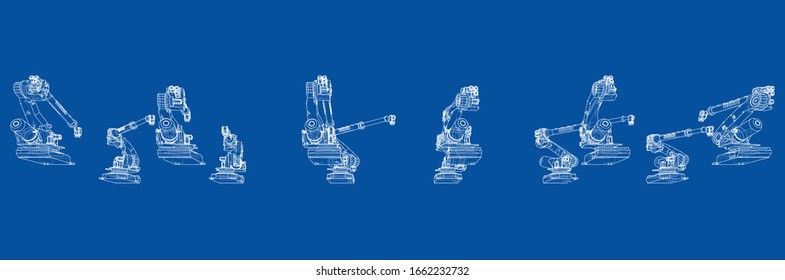 A industral robots manipulators. Blueprint style. Vector rendering from 3D model