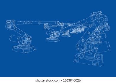 A industral robots manipulators. Blueprint style. Vector rendering from 3D model