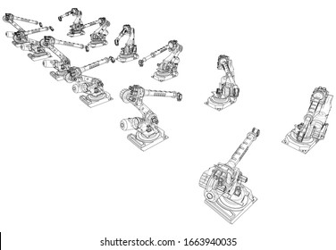 A industral robots manipulators. Blueprint style. Vector rendering from 3D model