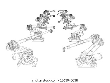 A industral robots manipulators. Blueprint style. Vector rendering from 3D model