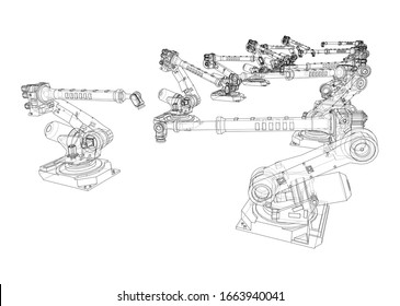 A industral robots manipulators. Blueprint style. Vector rendering from 3D model