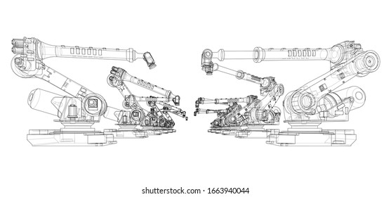 A industral robots manipulators. Blueprint style. Vector rendering from 3D model